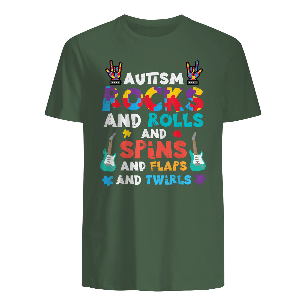 Autism Rocks Rolls Spins Flaps Awareness Boys Kids Women Men in Military Green - back view