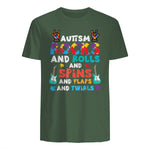 Autism Rocks Rolls Spins Flaps Awareness Boys Kids Women Men in Military Green - back view