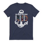 On Fridays We Wear Red Remember Everyone Deployed Navy T-Shirt in Heather Navy - back view