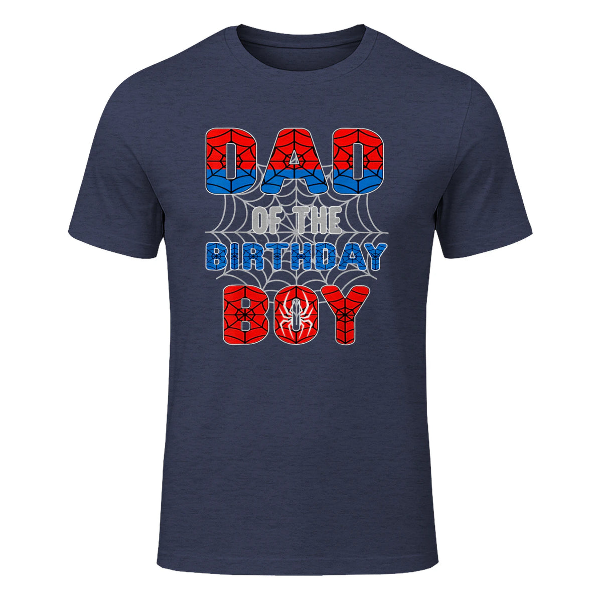 Birthday Boy Dad Spider Web T-Shirt in Heather Navy - front view