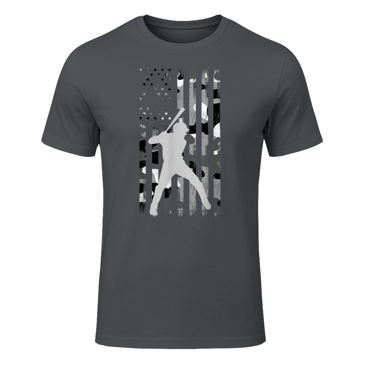 Baseball Player American Flag USA Camo Patriotic Graphic T-Shirt in Charcoal - front view