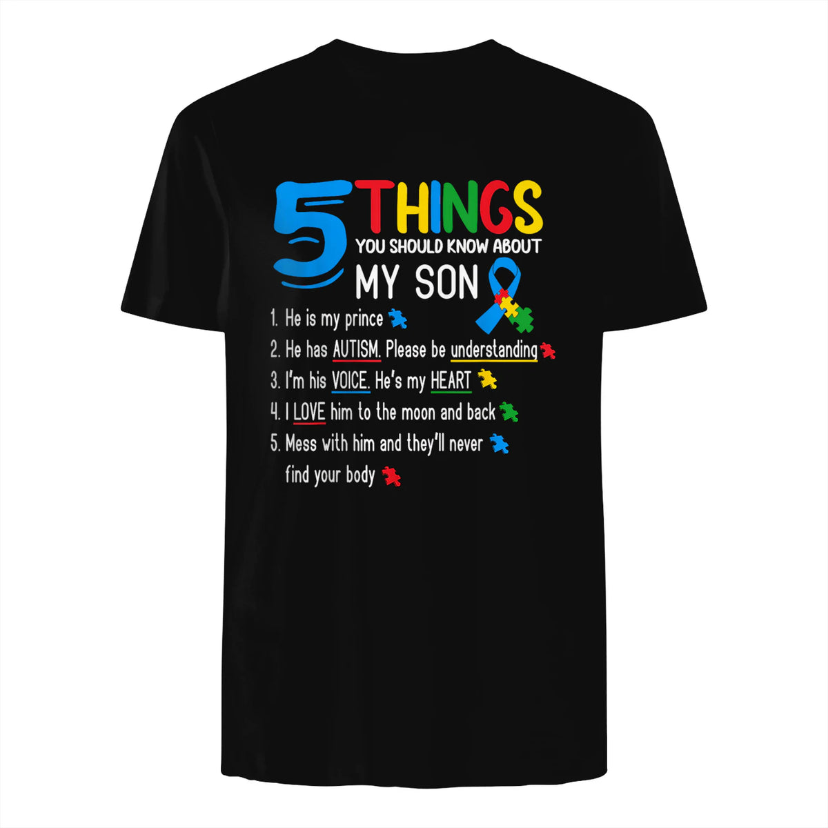 Autistic Son Support Autism Awareness T-Shirt in Black - back view