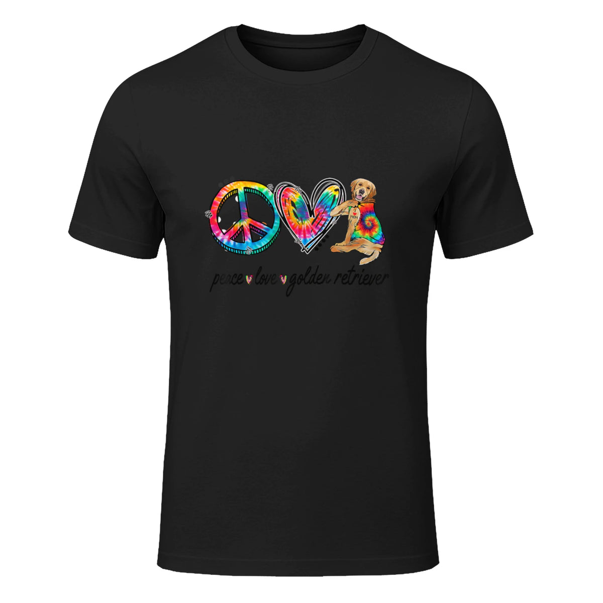 Peace Love Golden Retriever Tie Dye Rainbow Dog Lover T-Shirt in Black - front view