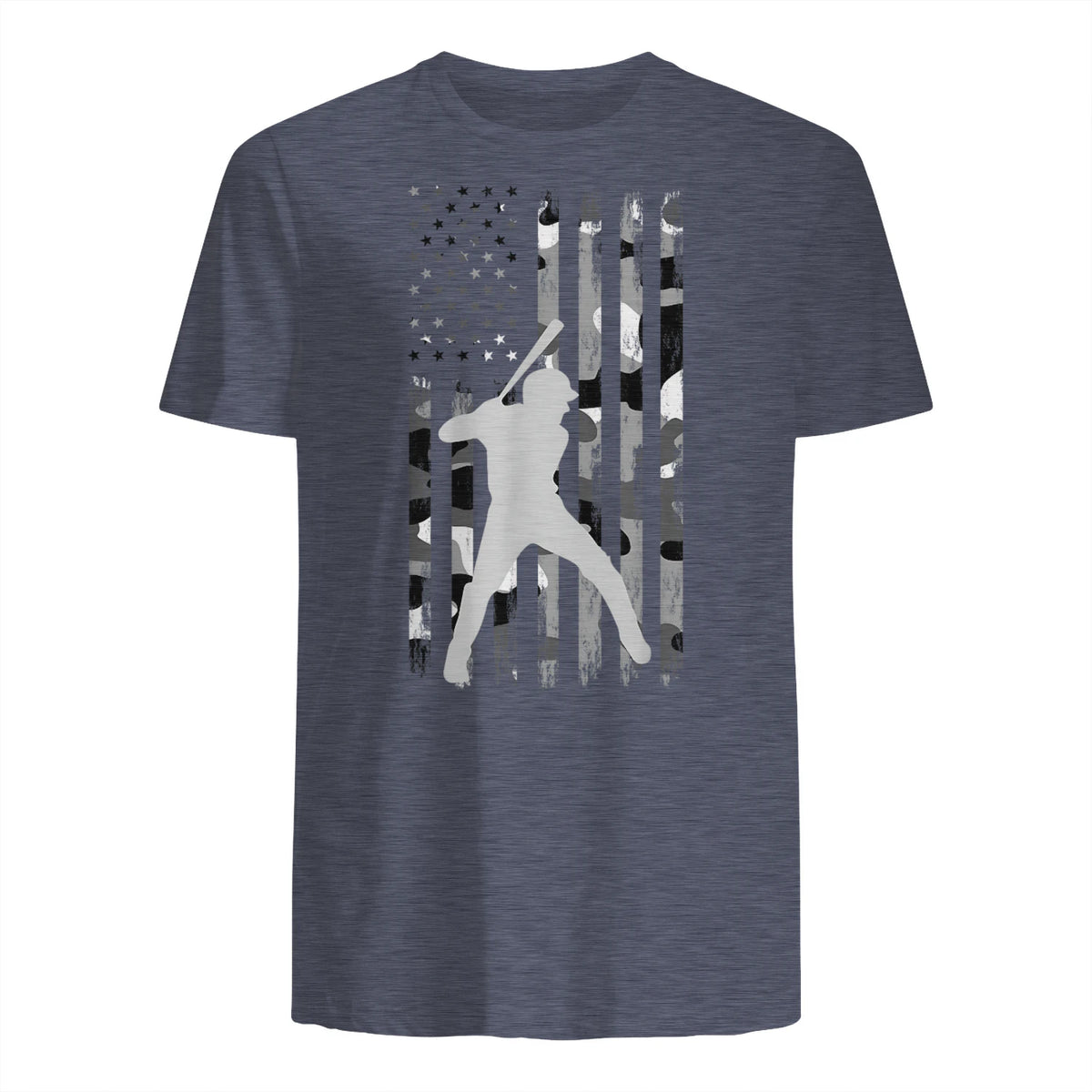 Baseball Player American Flag USA Camo Patriotic Graphic T-Shirt in Heather Navy - back view