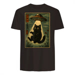 Vintage Japanese Cat Alien Cat Mom UFO Abduction Graphic T-Shirt in Dark Chocolate - back view