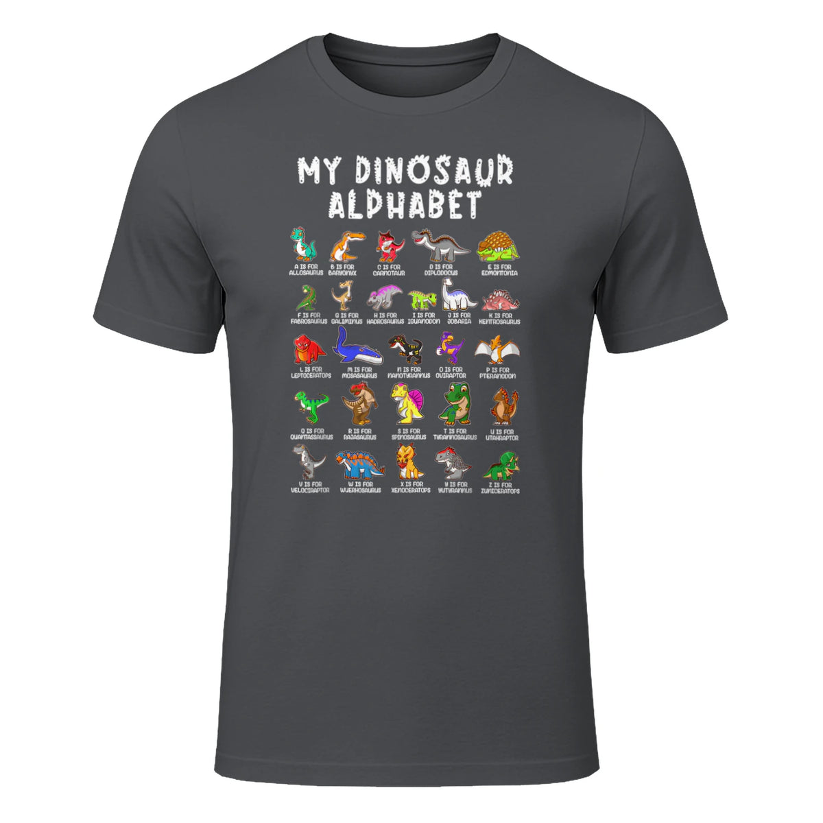 Types Of Dinosaurs Alphabet Dino Identification T-Shirt in Charcoal - front view
