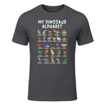 Types Of Dinosaurs Alphabet Dino Identification T-Shirt in Charcoal - front view