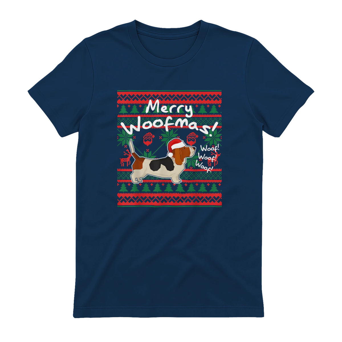 Basset Hound Chemise de Noël Merry Woofmas Père Noël Chien in Navy - back view