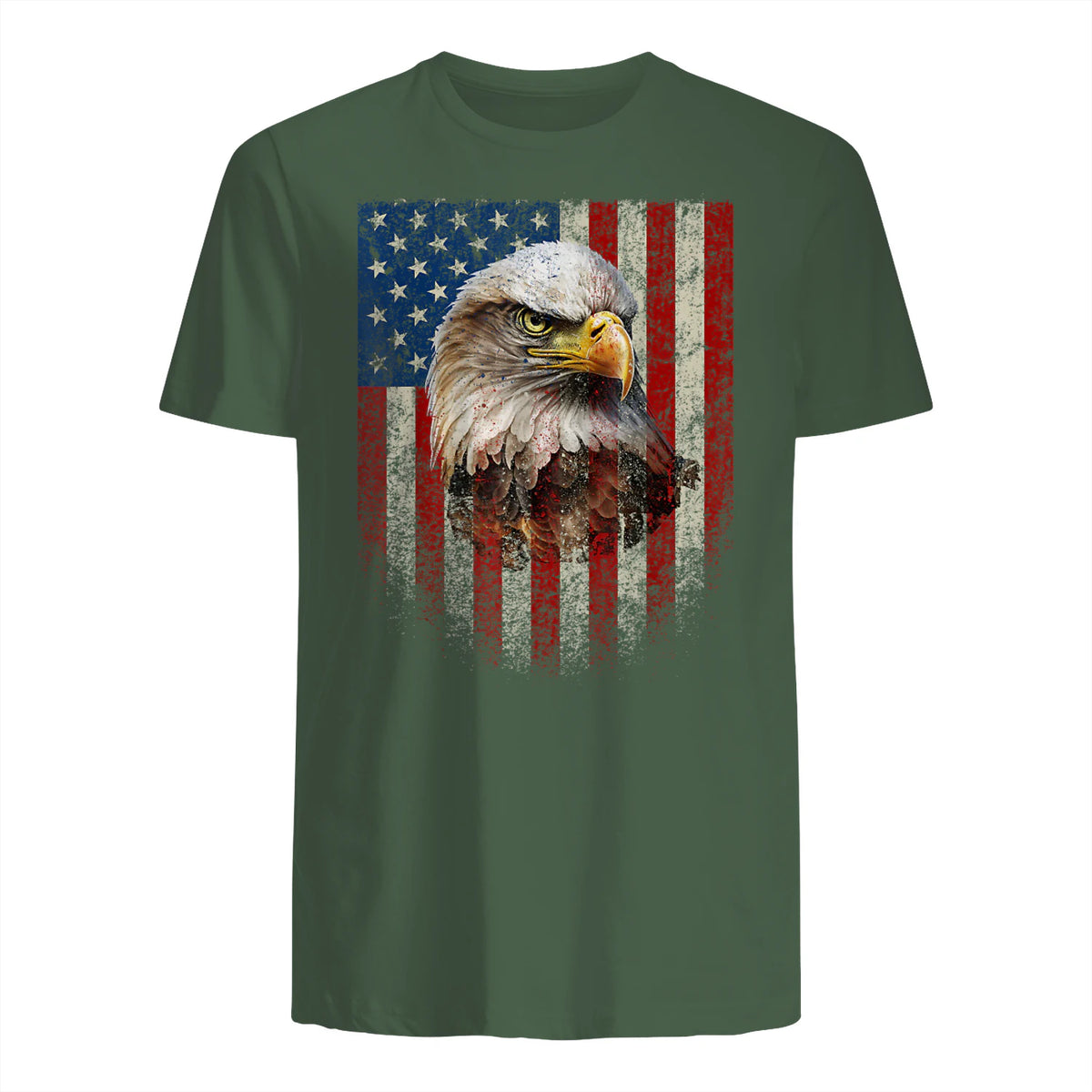 American Flag Bald Eagle Patriotic Red White Blue T-Shirt in Military Green - back view