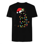 Santa Black Cat Tangled Up In Christmas Tree Lights Holiday in Black - back view