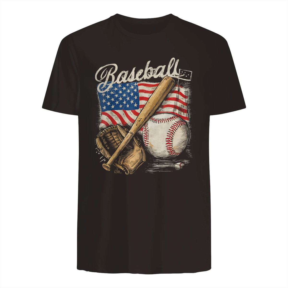 American Flag Baseball Player Bat Fan Catcher Pitcher USA T-Shirt in Dark Chocolate - back view