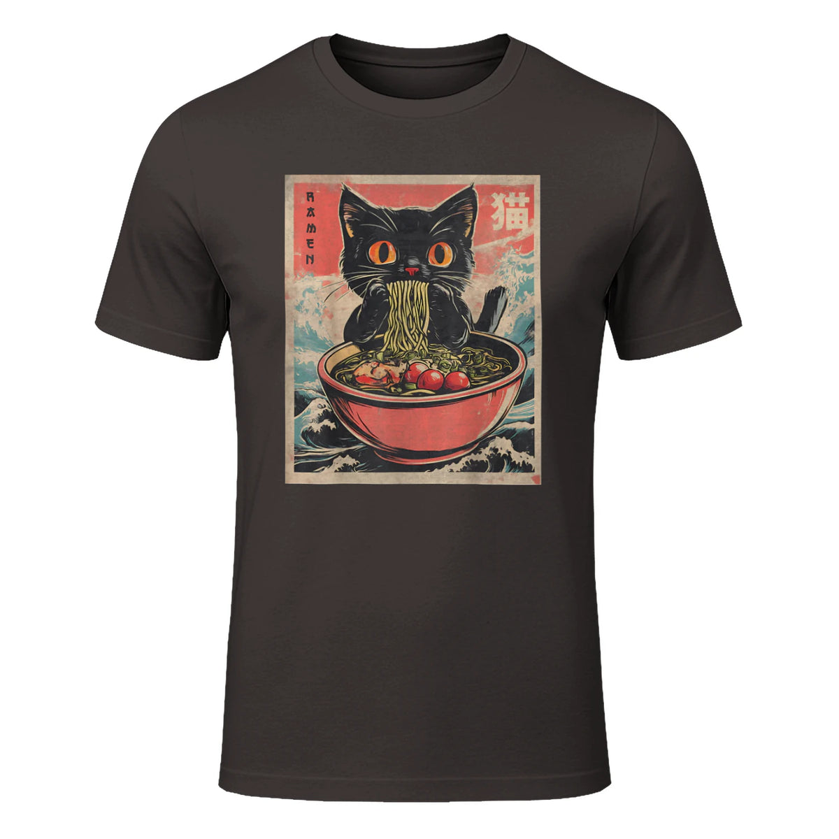 Unisex Anime Cat Ramen Japanese Funny Graphic Tees Kawaii Cat Anime Gifts T-Shirt Black XS in Dark Chocolate - front view