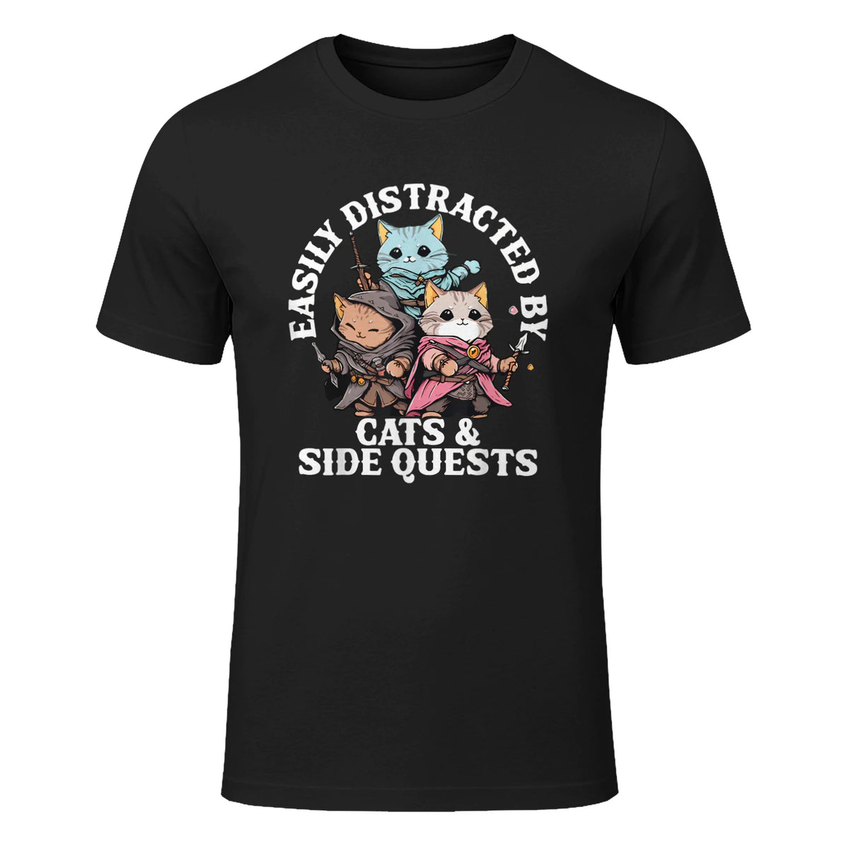 Cats Side Quest Funny Tabletop T-Shirt in Black - front view