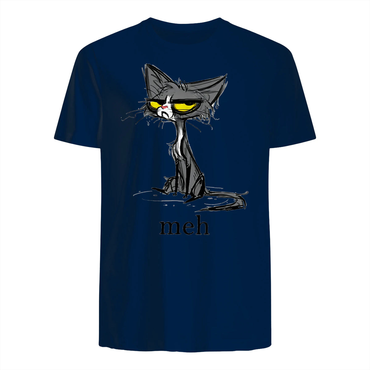 Funny Meh Cat Gift for Cat Lovers in Navy - back view
