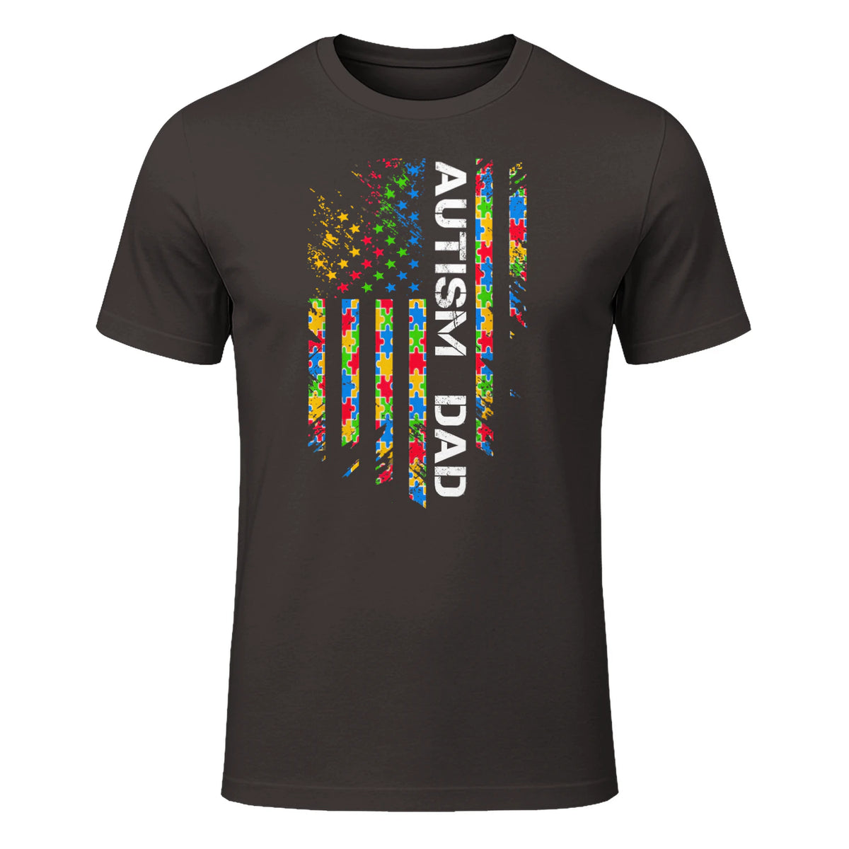 Autism Dad Awareness American Flag USA T-Shirt in Dark Chocolate - front view