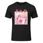 Funny Retro Nineties Japanese Kawaii Strawberry Milk Shake Carton T-Shirt in Black - front view