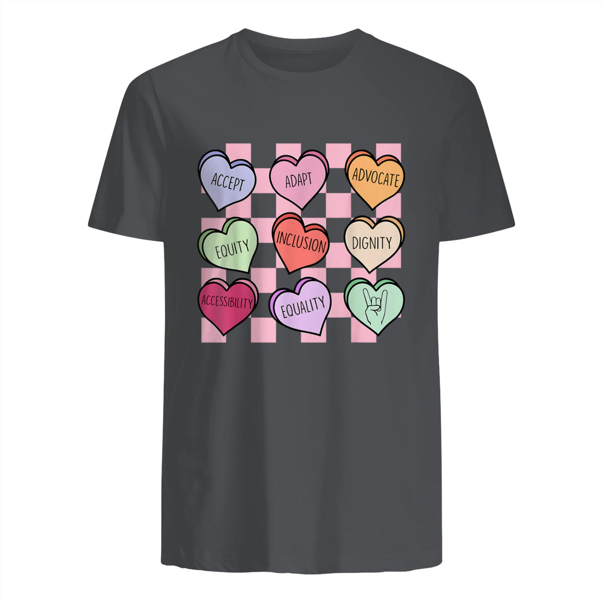 Special Education Teacher Candy Heart Valentines Day Love T-Shirt in Charcoal - back view