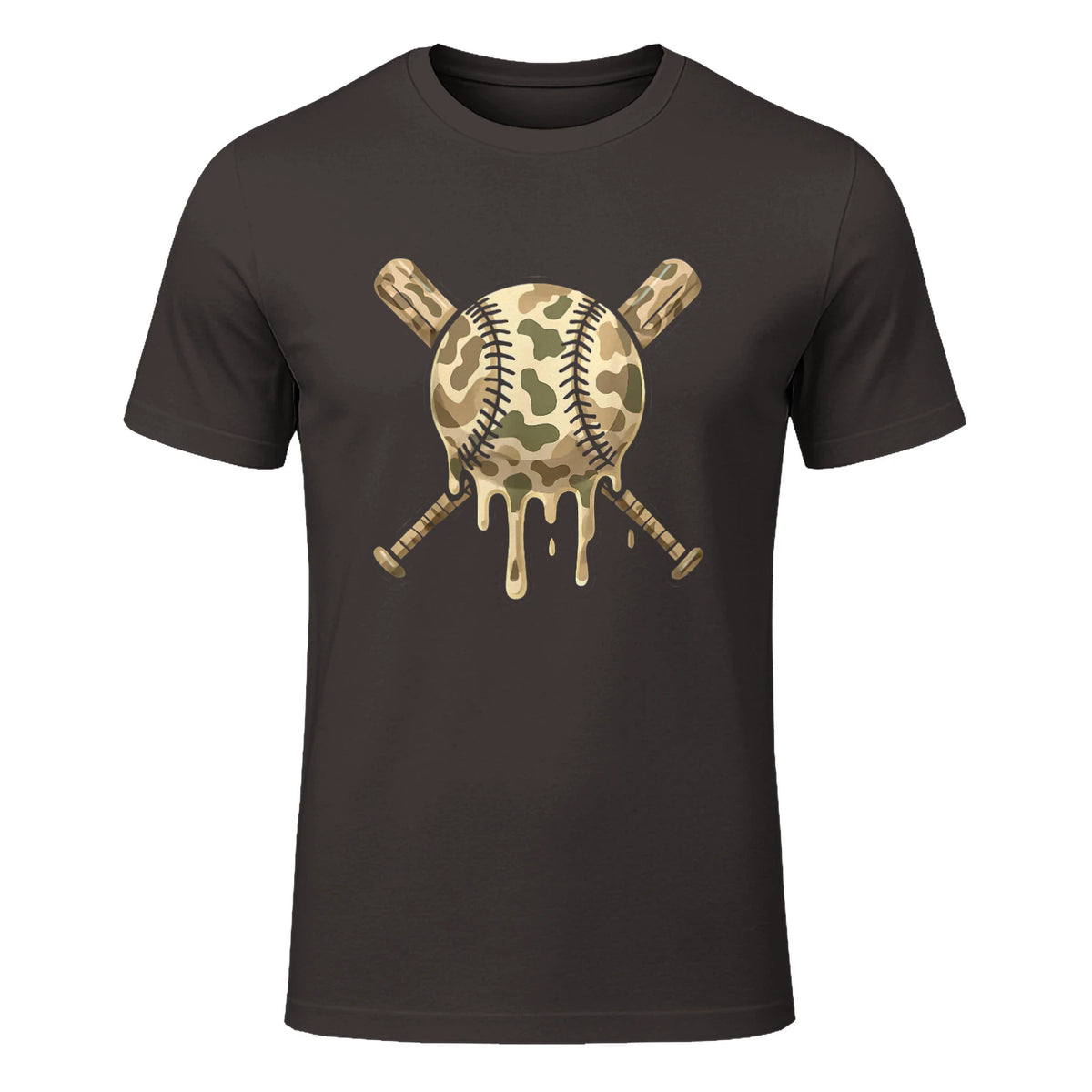 Baseball Drip Camo Baseball Bats Boys Sports Cool Game Day T-Shirt in Dark Chocolate - front view