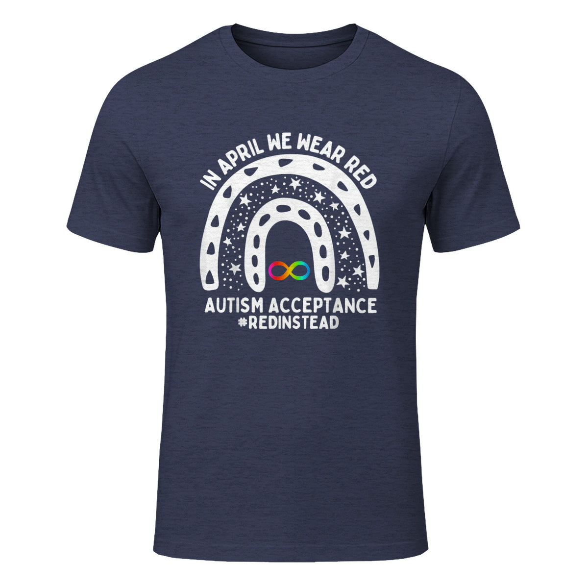in April We Wear Red Autism Awareness Acceptance Red Instead in Heather Navy - front view
