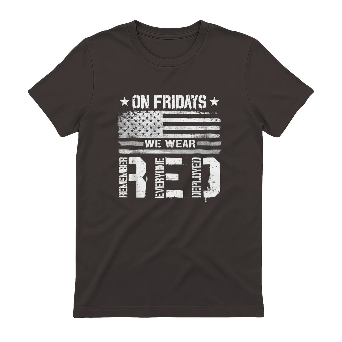 On Friday We Wear Red American Flag Military Supportive T-Shirt in Dark Chocolate - back view