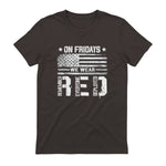 On Friday We Wear Red American Flag Military Supportive T-Shirt in Dark Chocolate - back view