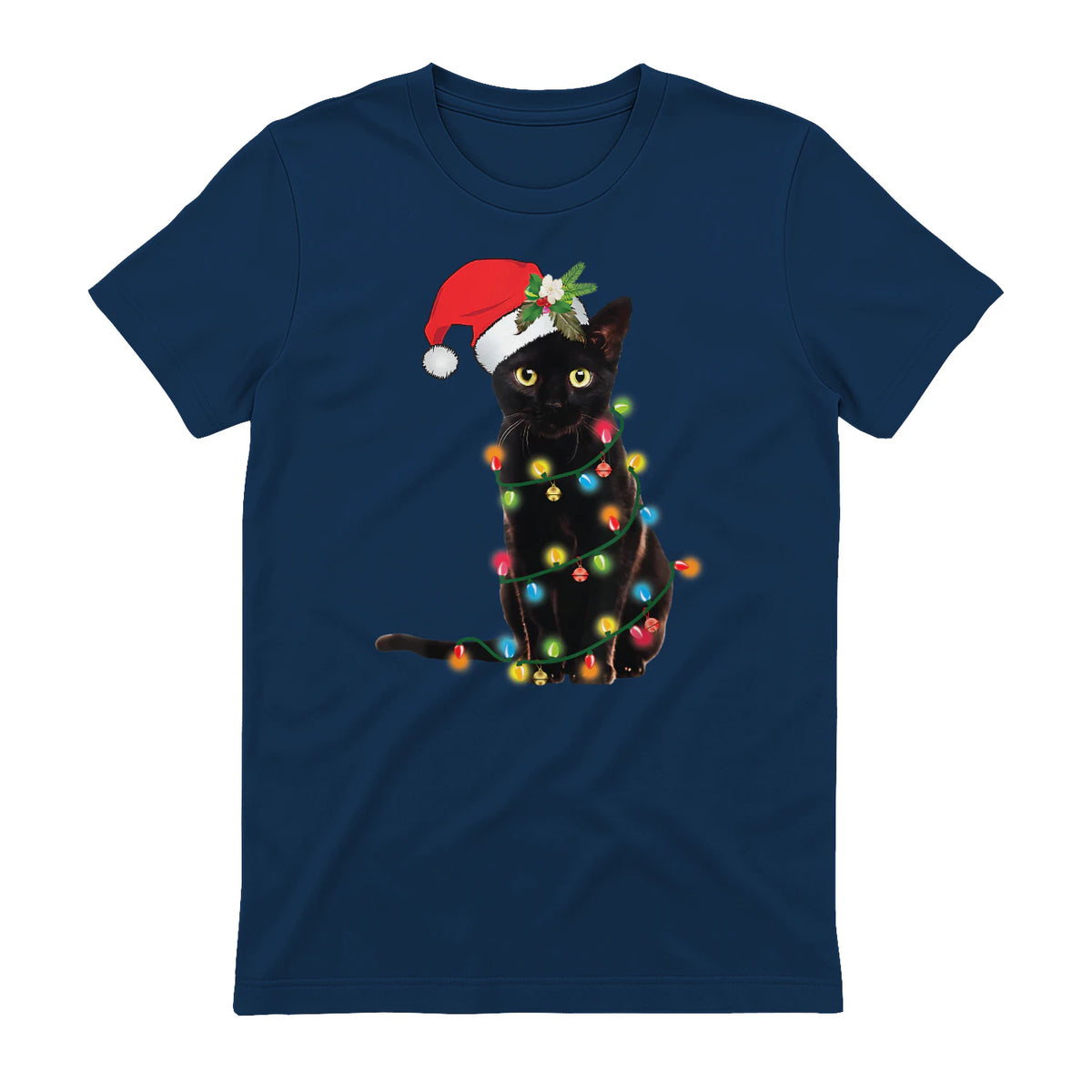 Santa Black Cat Tangled Up In Christmas Tree Lights Holiday in Navy - back view