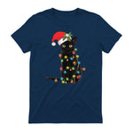 Santa Black Cat Tangled Up In Christmas Tree Lights Holiday in Navy - back view