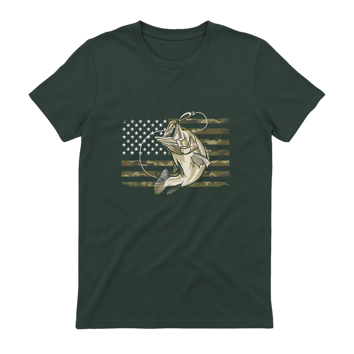 Fishing Camouflage US American Flag Bass Fish Fisherman Camo T-Shirt in Forest Green - back view