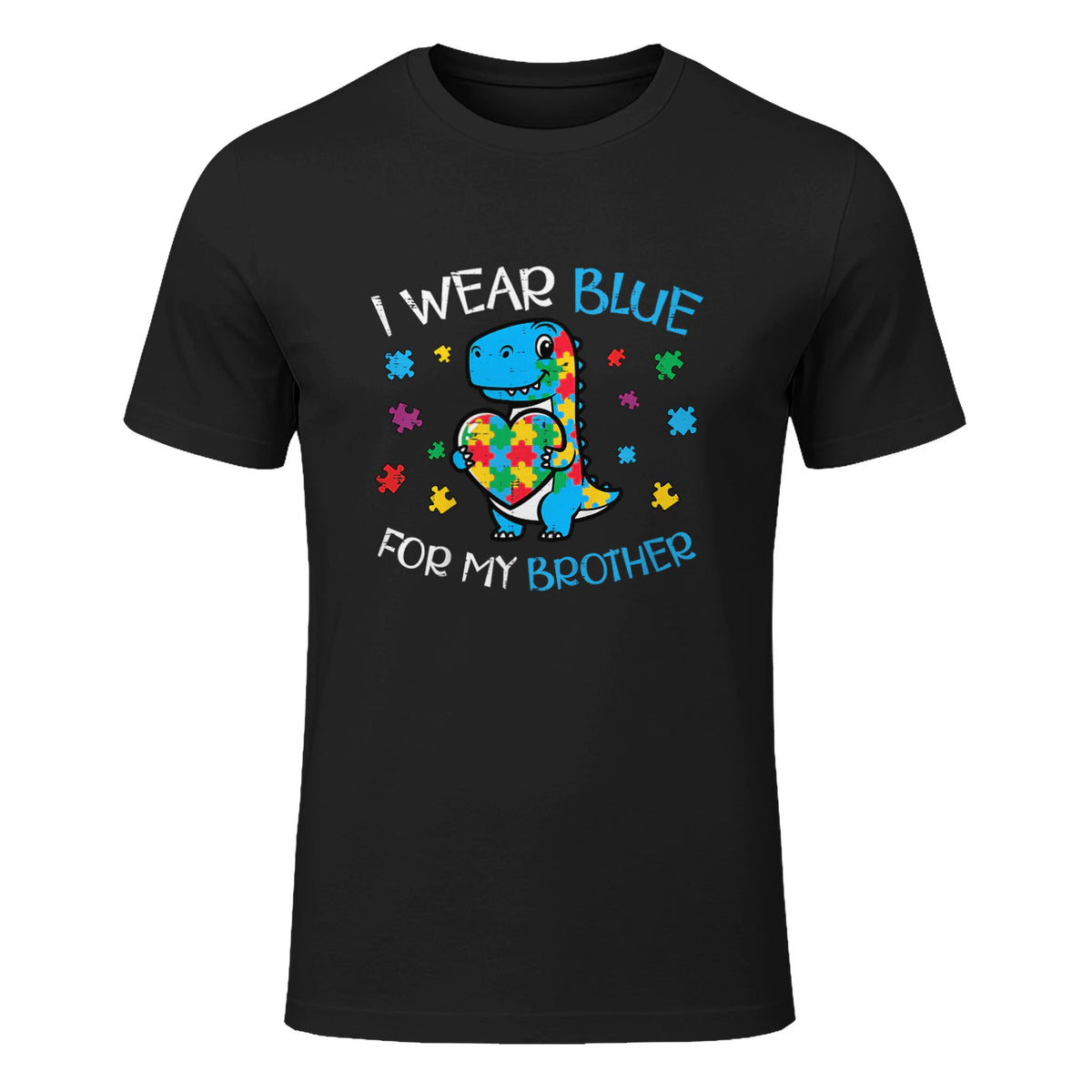 Kids Autism Dino I Weat Blue for My Brother Awareness Boys Kids in Black - front view
