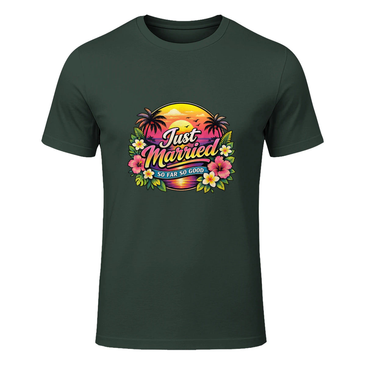 Couple de Jeunes mariés drôle Just Married Tropical Honeymoon in Forest Green - front view