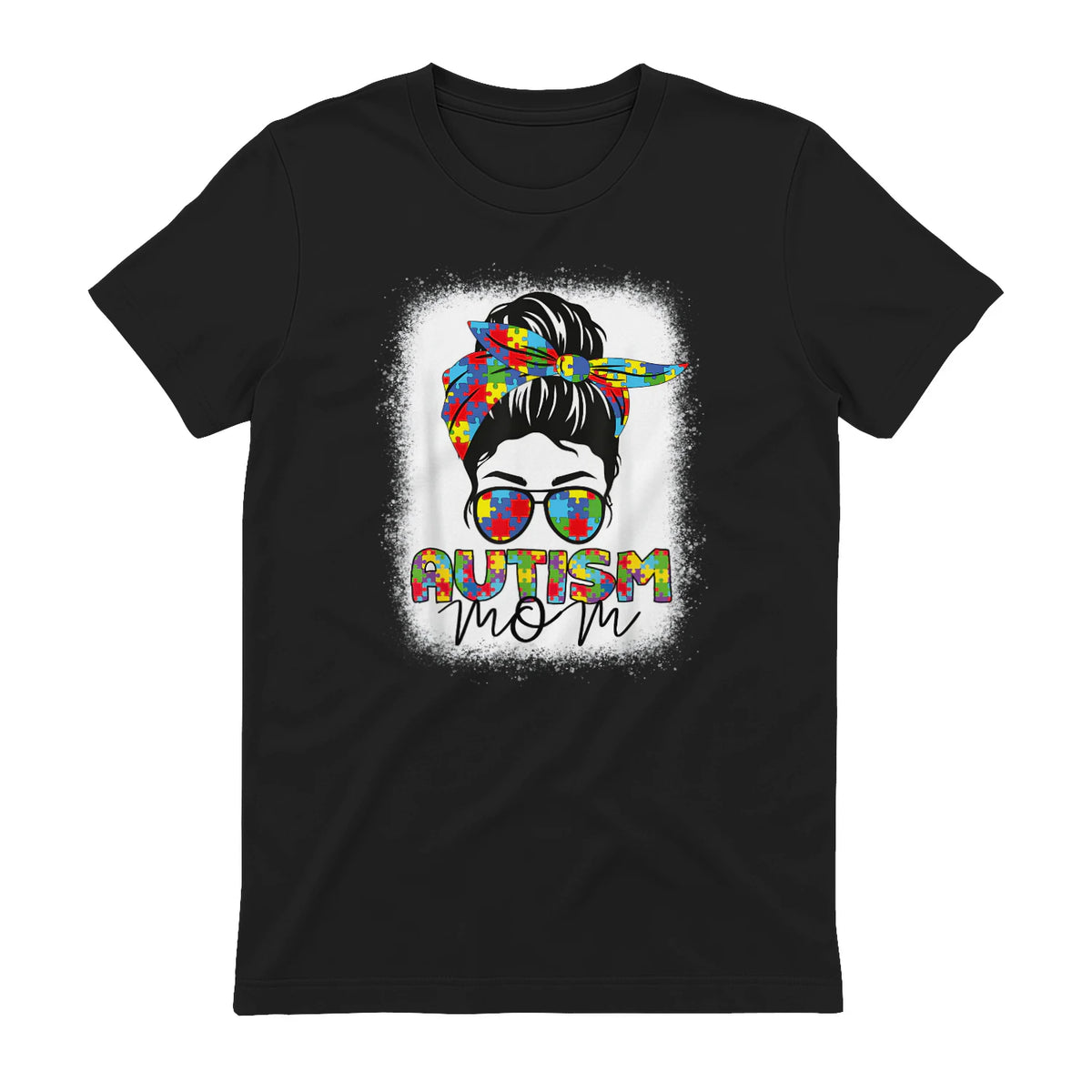Autism Mom Life Messy Bun T-Shirt in Black - back view