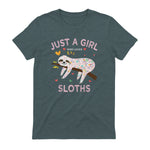 Funny Just a Girl Who Loves Sloths T-Shirt Sloths Lover Gift in Dark Heather - back view