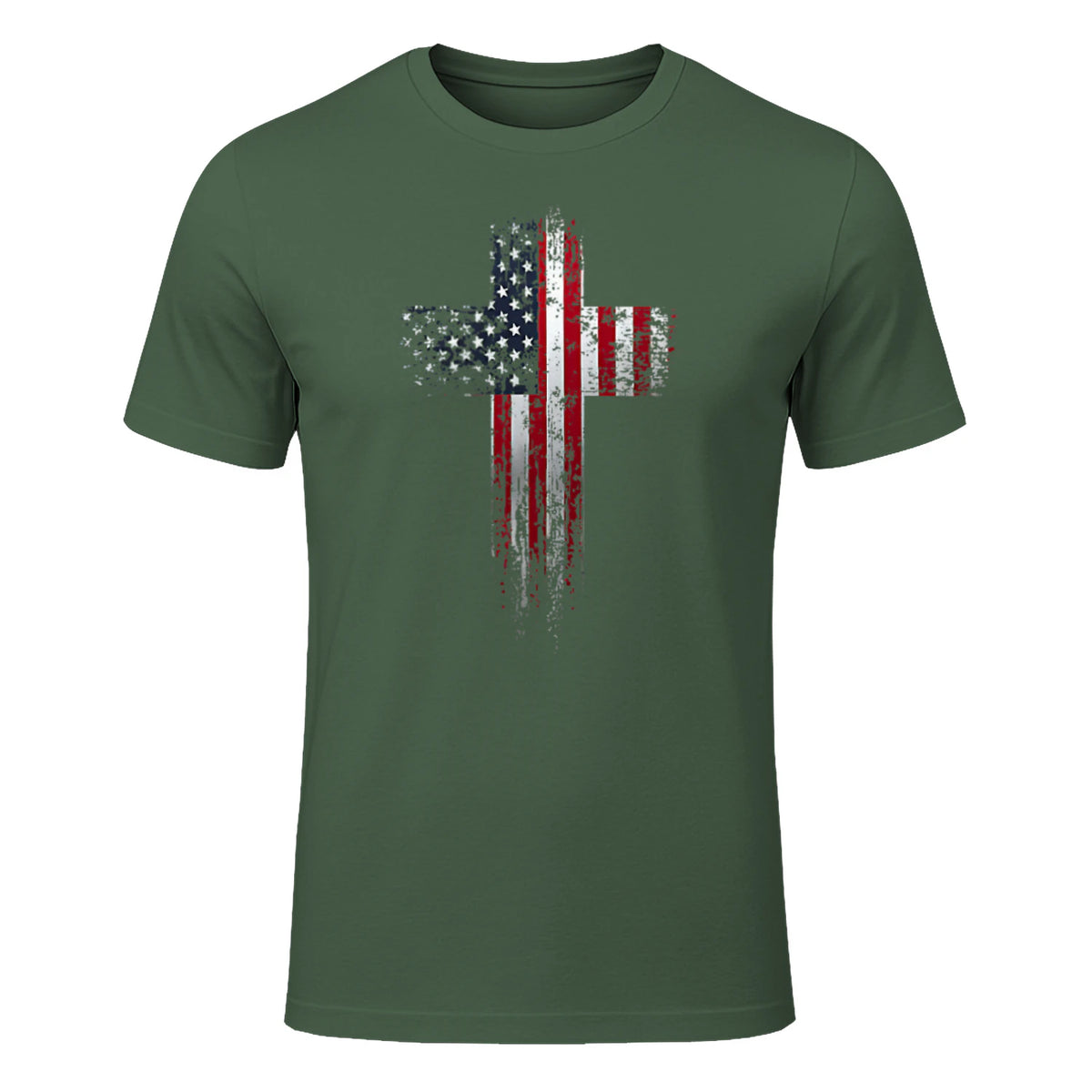 American USA Flag Christian Cross T-Shirt in Military Green - front view