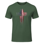 American USA Flag Christian Cross T-Shirt in Military Green - front view