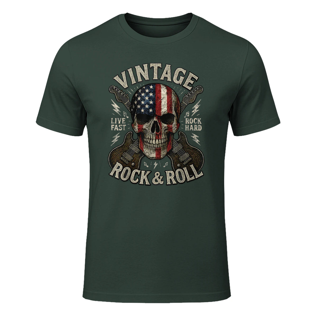 Vintage Rock Skull American Flag Guitar Retro Rock and Roll T-Shirt in Forest Green - front view