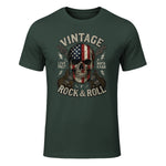 Vintage Rock Skull American Flag Guitar Retro Rock and Roll T-Shirt in Forest Green - front view