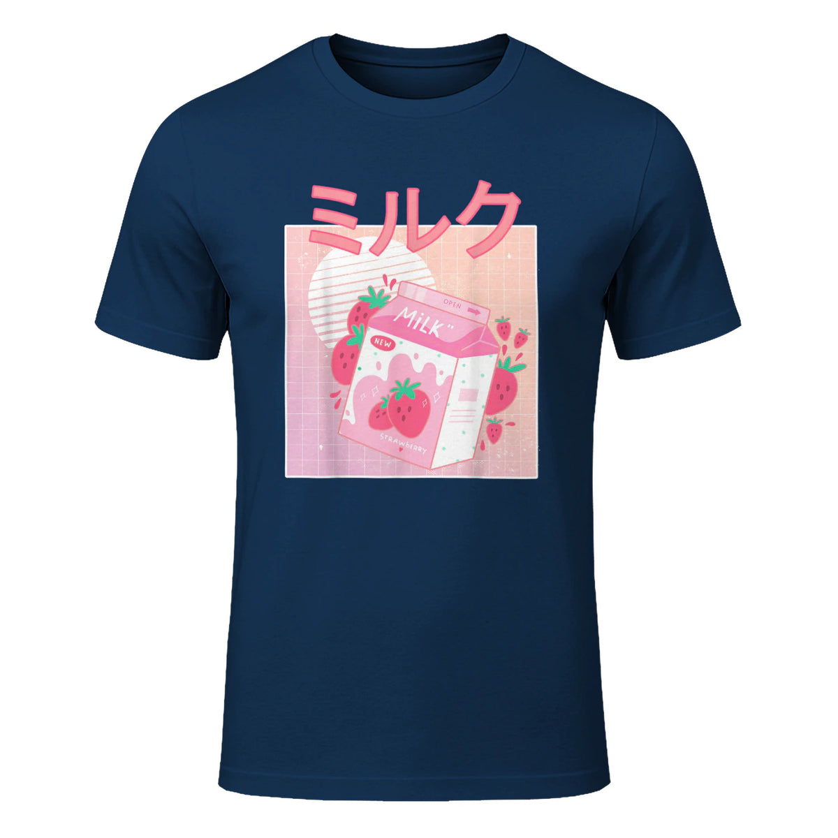 Funny Retro Nineties Japanese Kawaii Strawberry Milk Shake Carton T-Shirt in Navy - front view