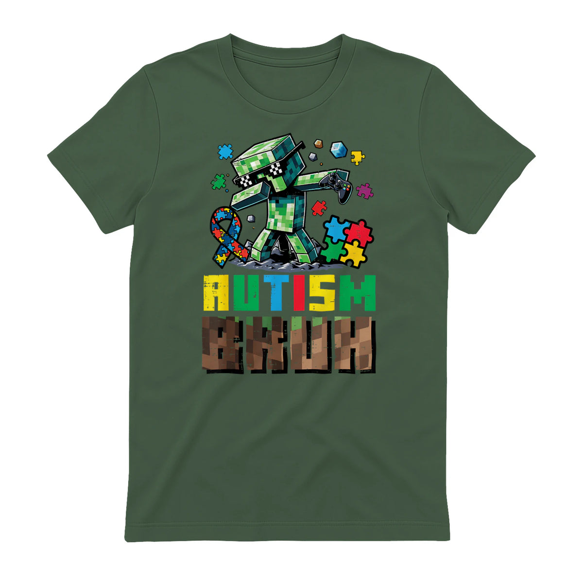 Autism Bruh Dab ASD Awareness Gamer Boys Kids Youth in Military Green - back view