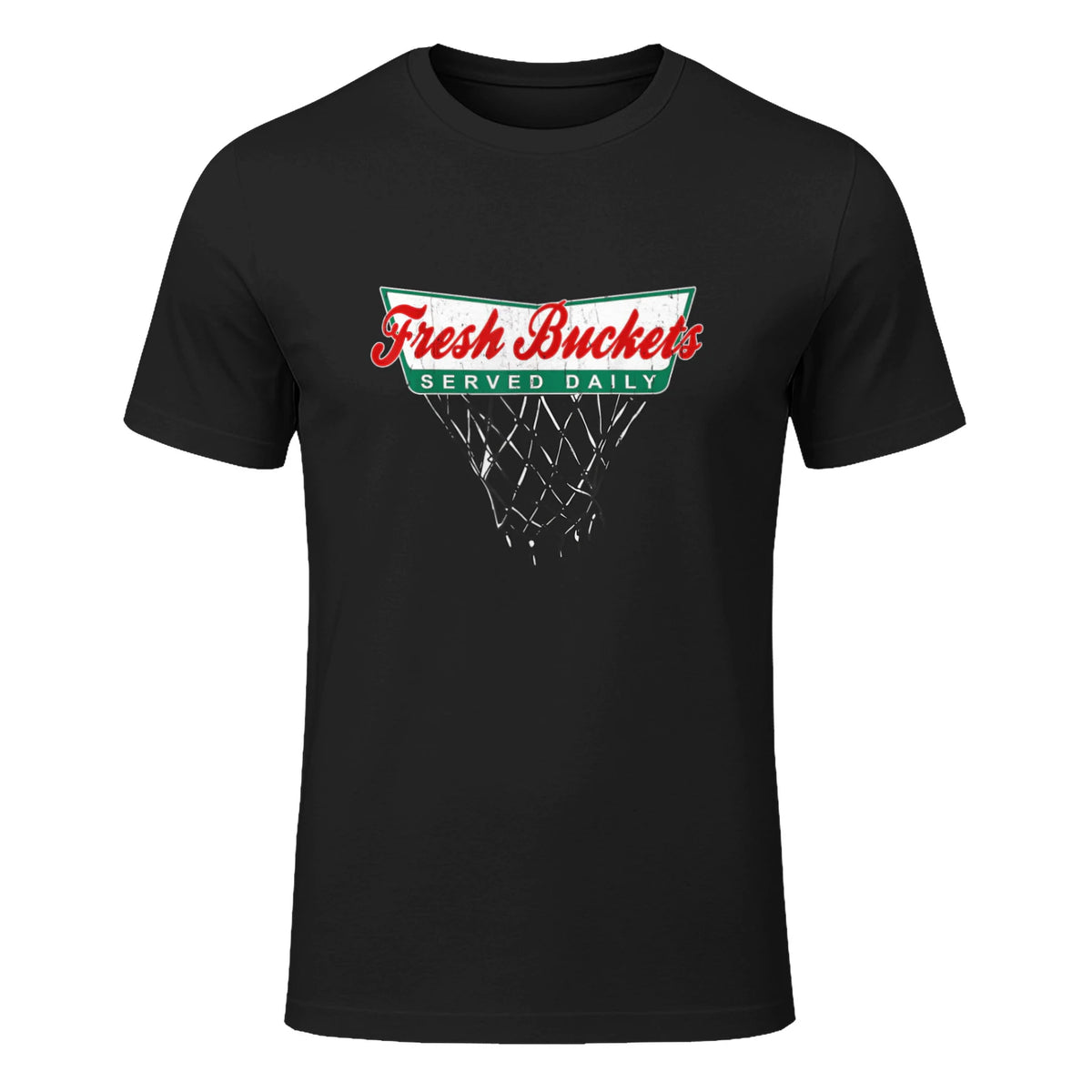 Basketball Player Fresh Bucket Served Daily Bball T-Shirt in Black - front view