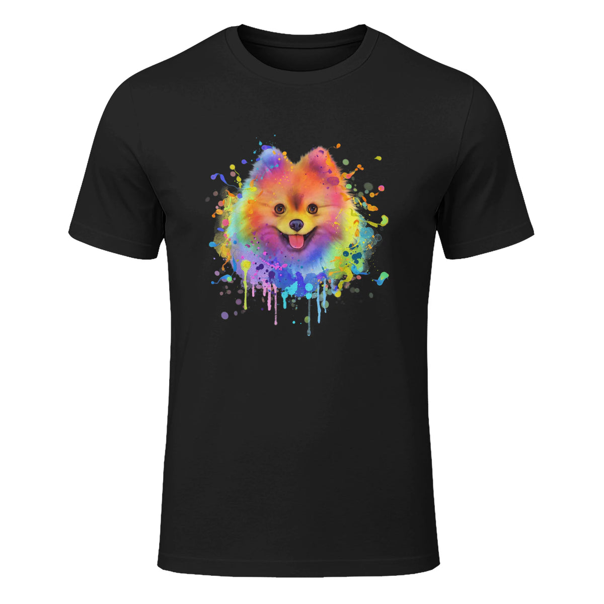 Colorful Splash Art Poméranie Portrait Pom Puppy Owner in Black - front view