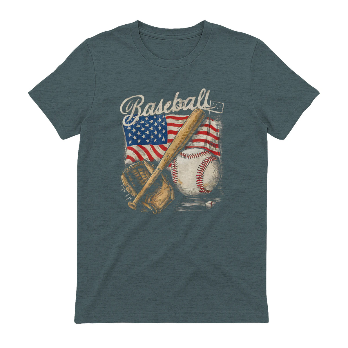 American Flag Baseball Player Bat Fan Catcher Pitcher USA T-Shirt in Dark Heather - back view