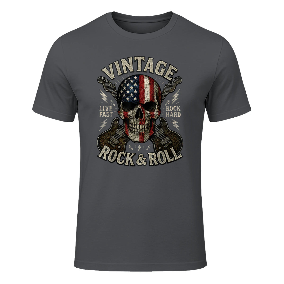 Vintage Rock Skull American Flag Guitar Retro Rock and Roll T-Shirt in Charcoal - front view