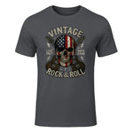 Vintage Rock Skull American Flag Guitar Retro Rock and Roll T-Shirt in Charcoal - front view