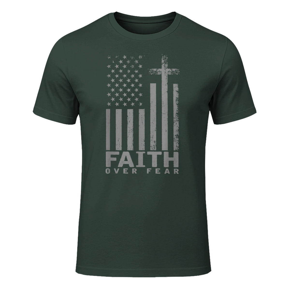 America Pride US Flag Faith Over Fear Prayer T-Shirt in Forest Green - front view