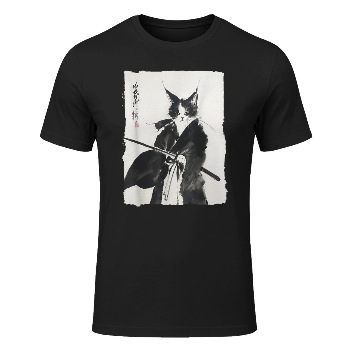 Samurai Cat Warrior Ink - Japanese Art Feline Katana T-Shirt in Black - front view