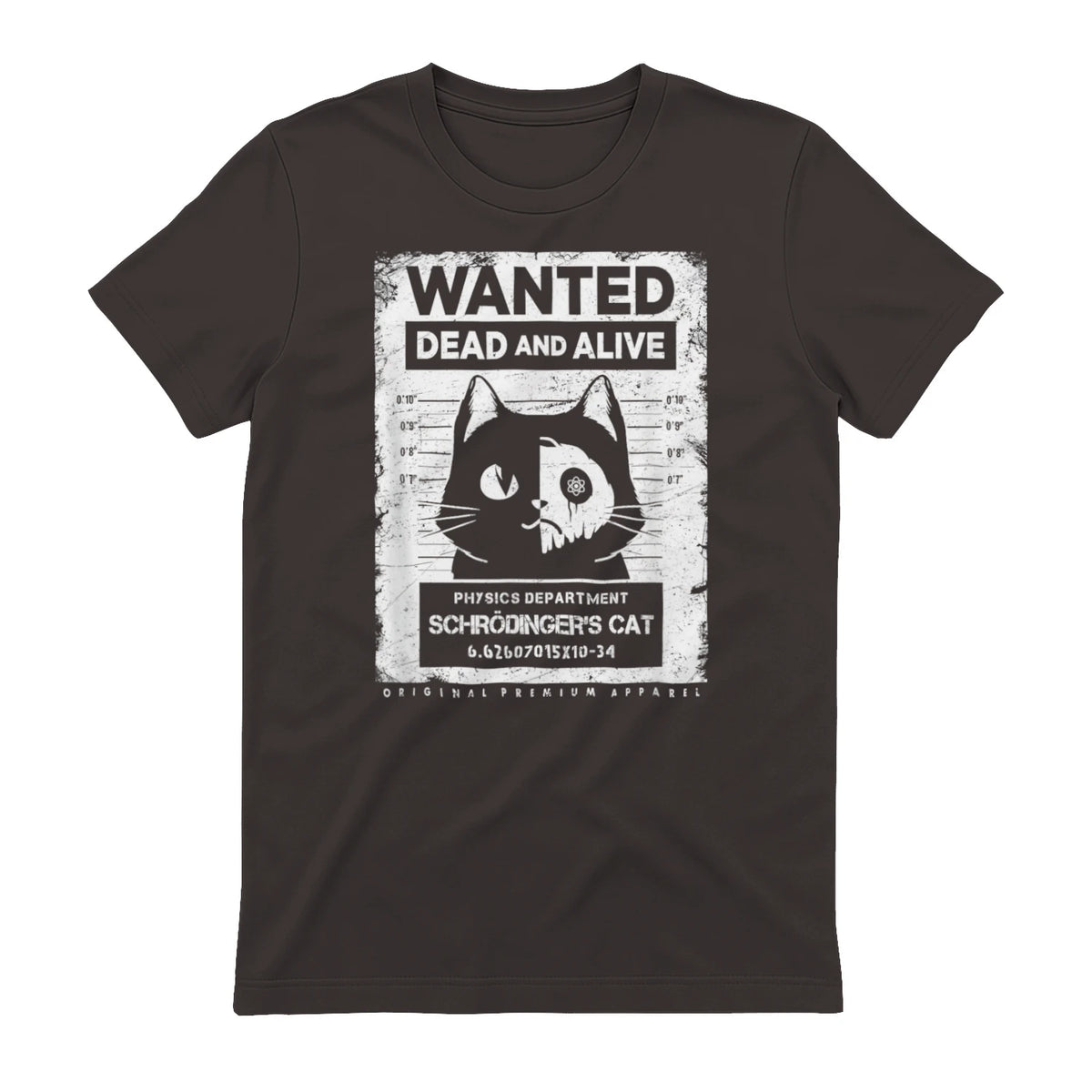 Schrödinger's Cat Wanted Dead And Alive Physics Physicist T-Shirt in Dark Chocolate - back view
