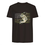 Fishing Camouflage US American Flag Bass Fish Fisherman Camo T-Shirt in Dark Chocolate - back view