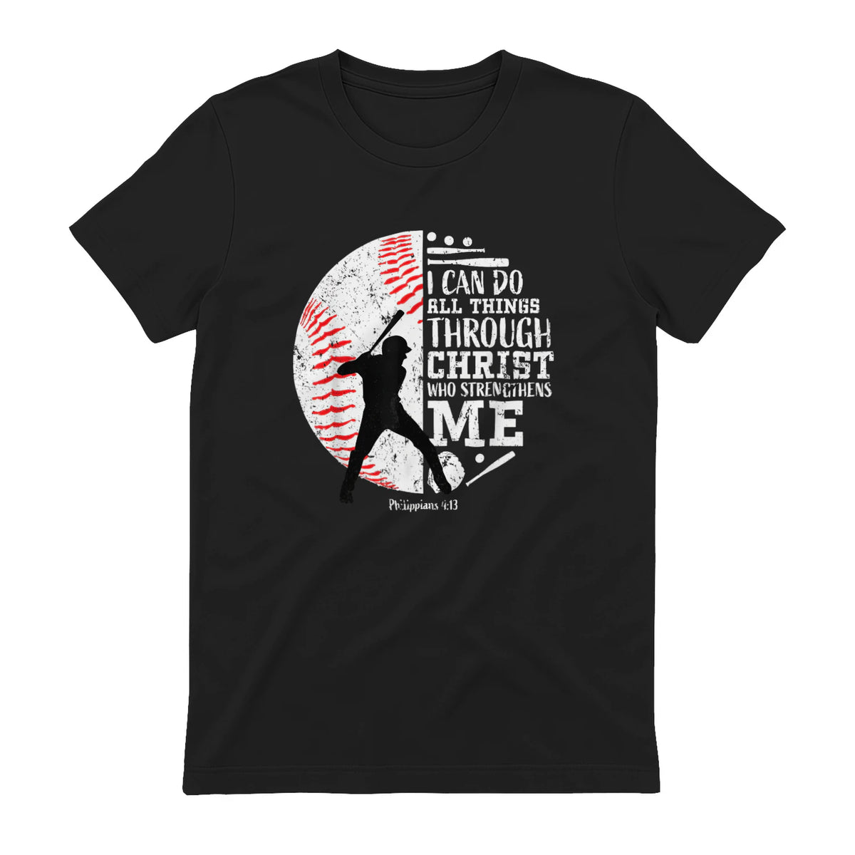 Philippians Four Thirteen Baseball Player Graphic with Bible Verse T-Shirt in Black - back view