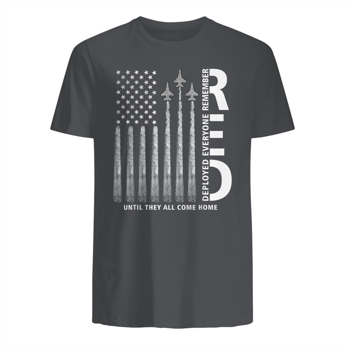 Remember Everyone Deployed RED Friday Military American Flag T-Shirt in Charcoal - back view