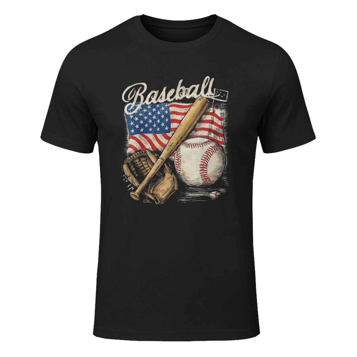 American Flag Baseball Player Bat Fan Catcher Pitcher USA T-Shirt in Black - front view
